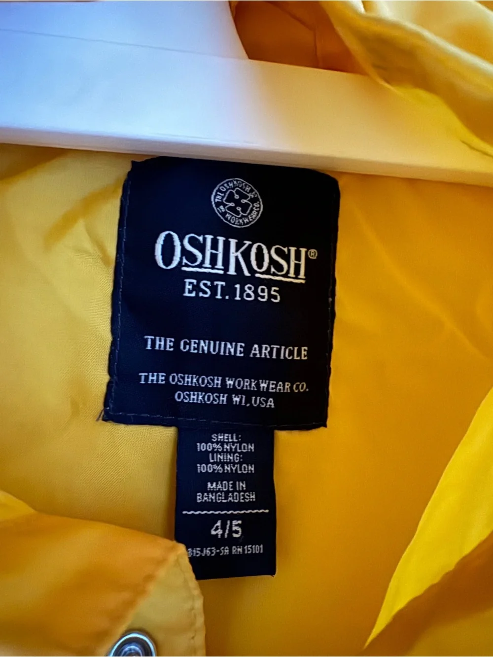 OshKosh B'gosh Classic Yellow Kids Hooded Rain Jacket 4/5 T